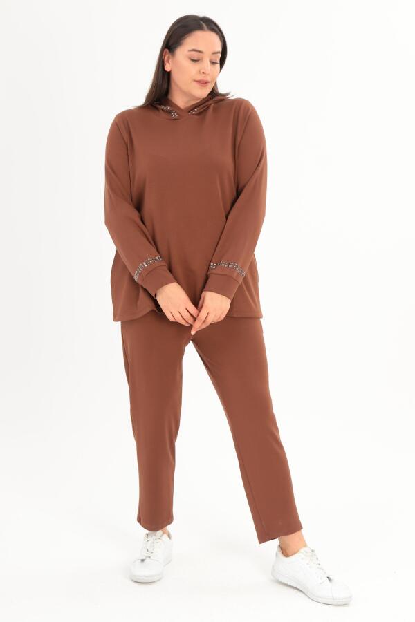 Büyük Beden Kapüşon Yaka Sweat Pantolon Kahverengi Takım - 3