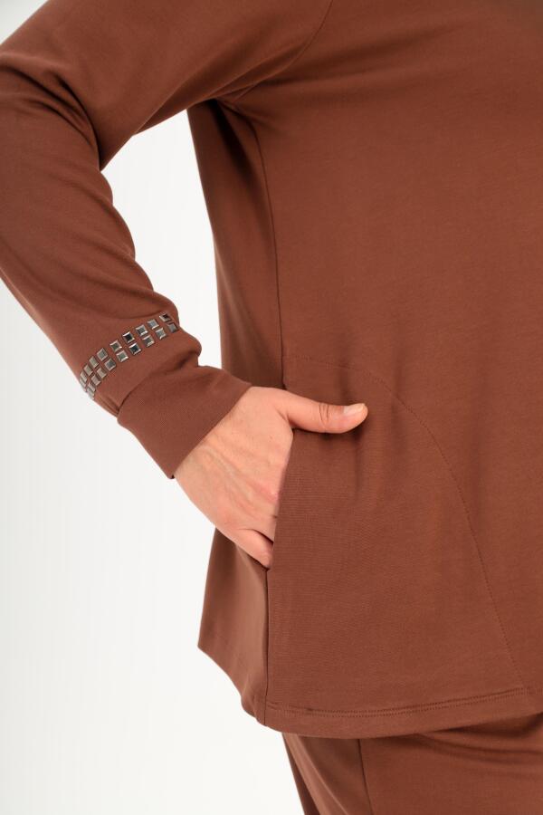 Büyük Beden Kapüşon Yaka Sweat Pantolon Kahverengi Takım - 4