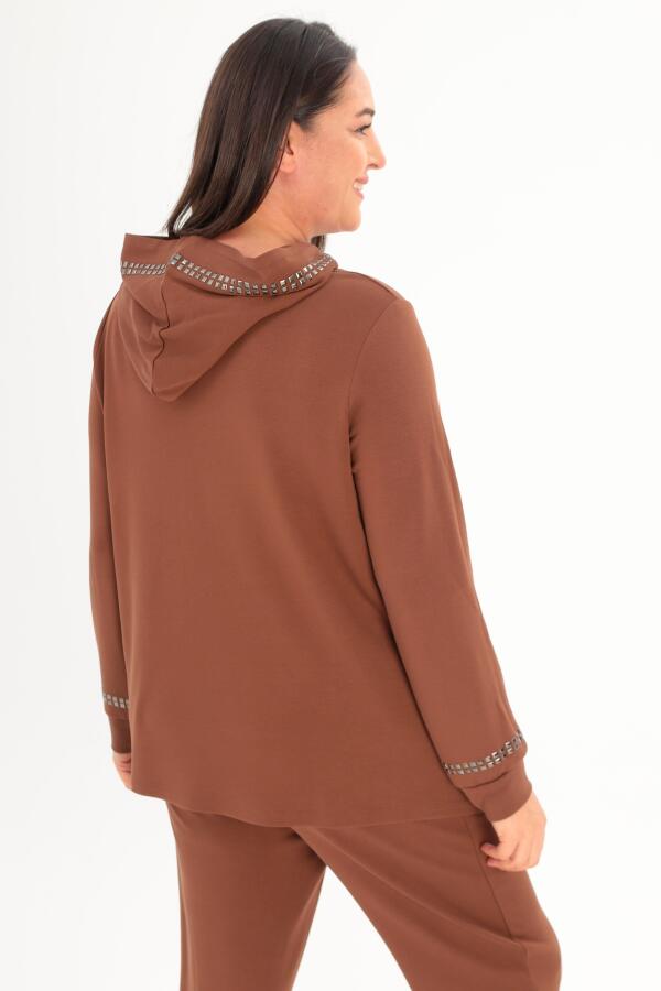 Büyük Beden Kapüşon Yaka Sweat Pantolon Kahverengi Takım - 5