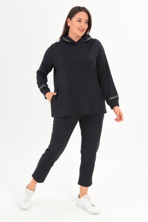 Trend42plus Büyük Beden Kapüşon Yaka Sweat Pantolon Lacivert Takım - 1