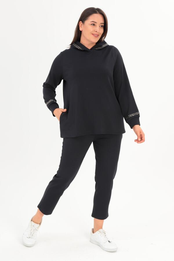 Trend42plus Büyük Beden Kapüşon Yaka Sweat Pantolon Lacivert Takım - 1