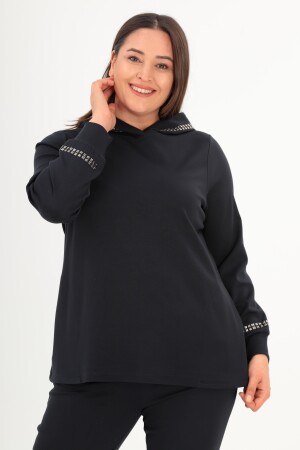 Trend42plus Büyük Beden Kapüşon Yaka Sweat Pantolon Lacivert Takım - 2