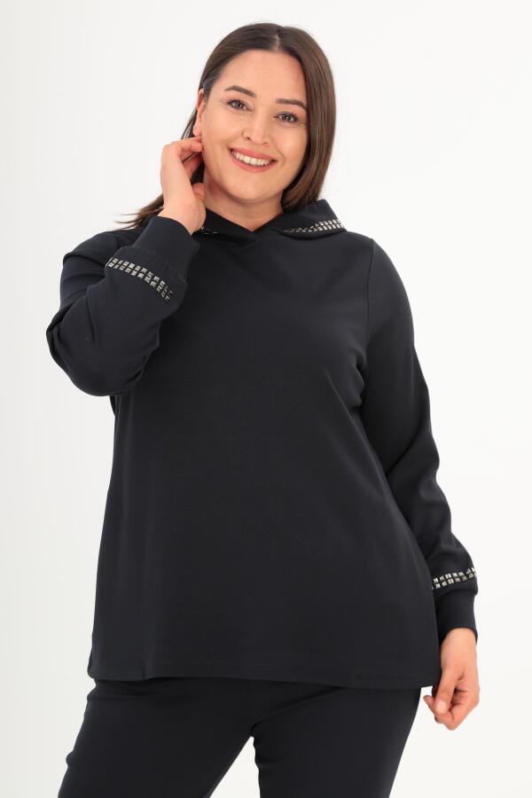 Trend42plus Büyük Beden Kapüşon Yaka Sweat Pantolon Lacivert Takım - 2