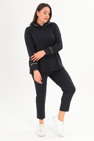 Trend42plus Büyük Beden Kapüşon Yaka Sweat Pantolon Lacivert Takım - 3