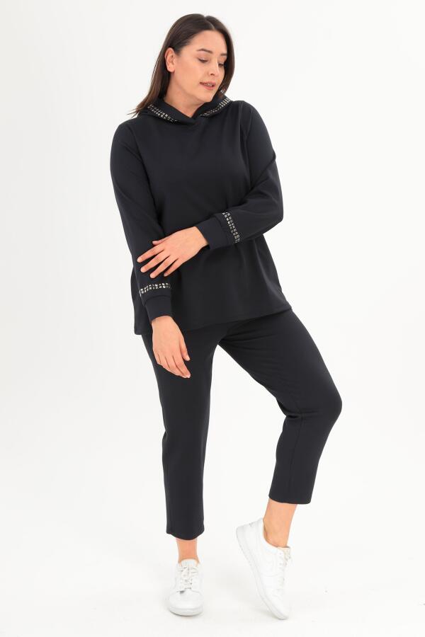 Trend42plus Büyük Beden Kapüşon Yaka Sweat Pantolon Lacivert Takım - 3