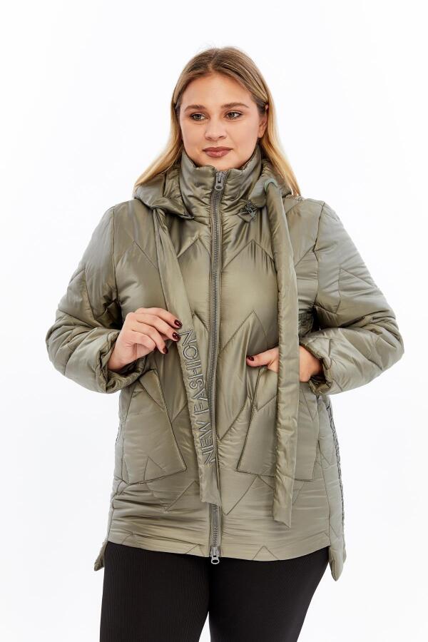 Büyük Beden Kapüşonlu Kapitone Şişme Mont Haki - 1