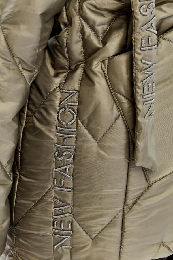 Büyük Beden Kapüşonlu Kapitone Şişme Mont Haki - 6