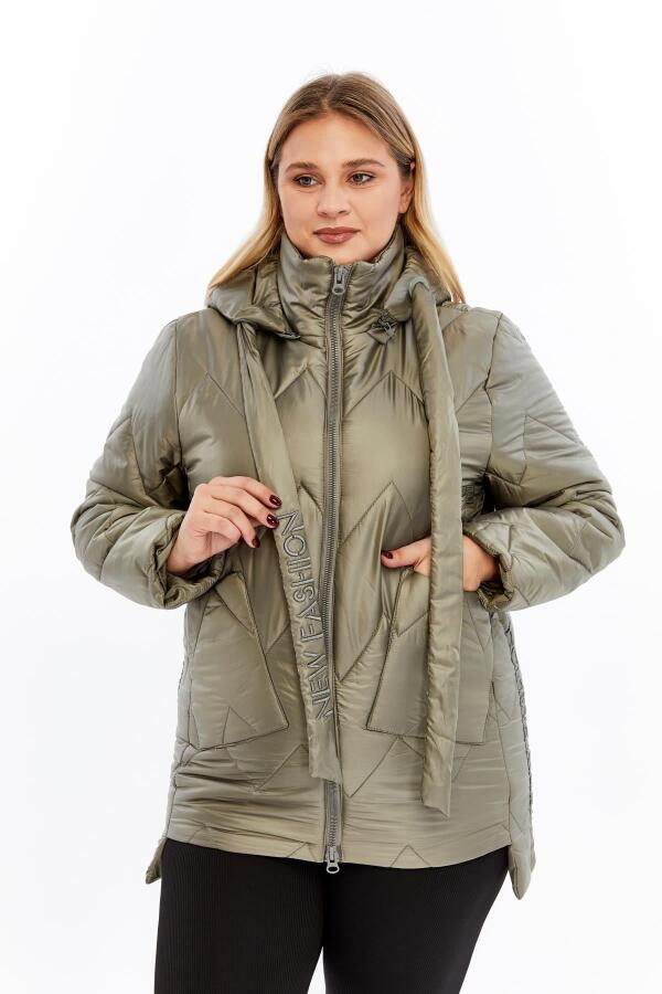 Büyük Beden Kapüşonlu Kapitone Şişme Mont Haki - 1