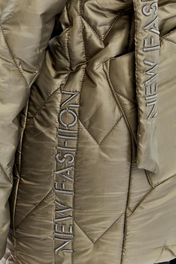 Büyük Beden Kapüşonlu Kapitone Şişme Mont Haki - 6