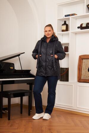 Büyük Beden Kapüşonlu Kapitone Şişme Mont Lacivert - 5