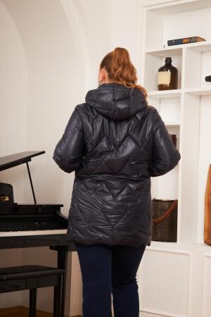 Büyük Beden Kapüşonlu Kapitone Şişme Mont Lacivert - 6