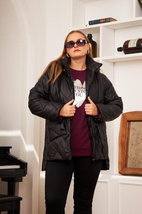 Büyük Beden Kapüşonlu Kapitone Şişme Mont Siyah - 12