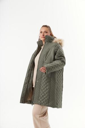 Büyük Beden Kapüşonlu Şişme Mont Haki - 3