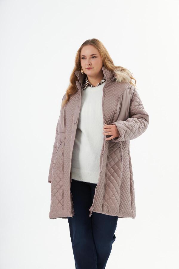 Büyük Beden Kapüşonlu Şişme Kapitone Mont Vizon - 1