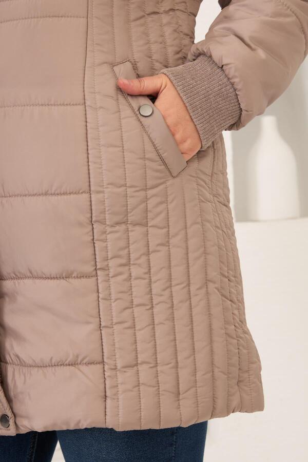 Büyük Beden Kapüşonlu Şişme Mont Vizon - 6