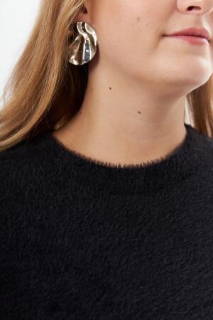 Büyük Beden Kaşmir Karışımlı Sakallı Triko Kazak Siyah - 5