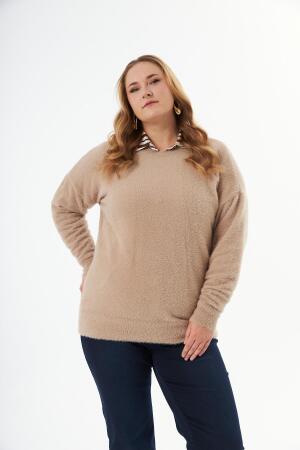 Büyük Beden Kaşmir Karışımlı Sakallı Triko Kazak Vizon - 3