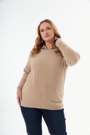 Büyük Beden Kaşmir Karışımlı Sakallı Triko Kazak Vizon - 4