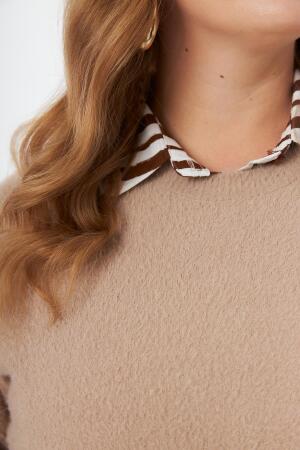 Büyük Beden Kaşmir Karışımlı Sakallı Triko Kazak Vizon - 5