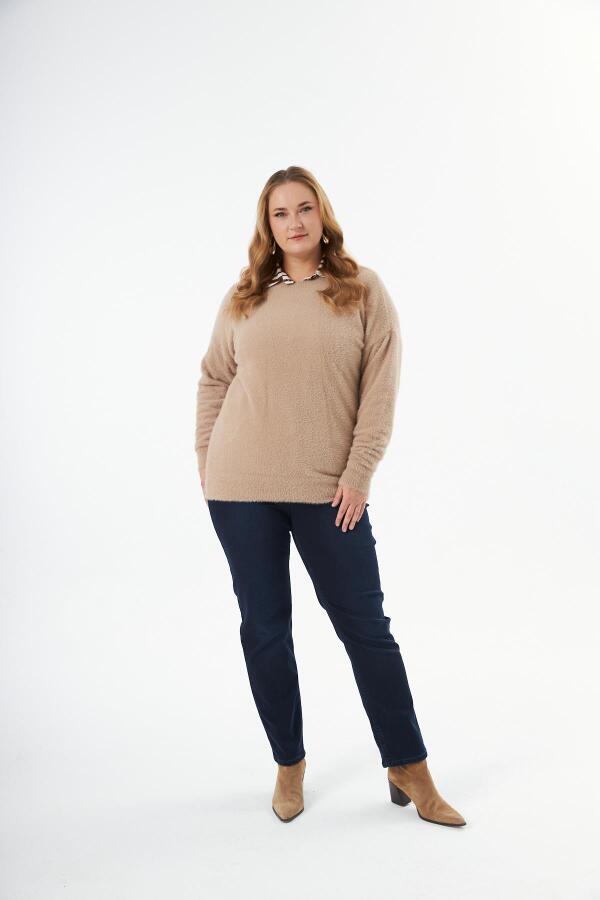 Büyük Beden Kaşmir Karışımlı Sakallı Triko Kazak Vizon - 6