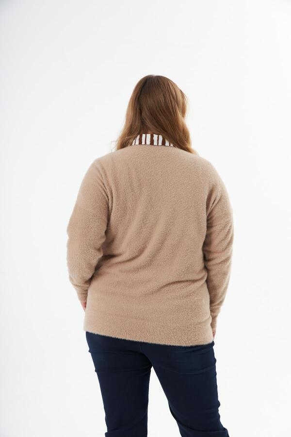 Büyük Beden Kaşmir Karışımlı Sakallı Triko Kazak Vizon - 7