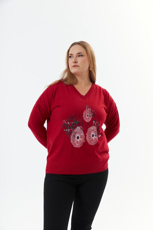 Büyük Beden Kaşmir Karışımlı V Yaka Baskılı Triko Kazak Kırmızı - 3