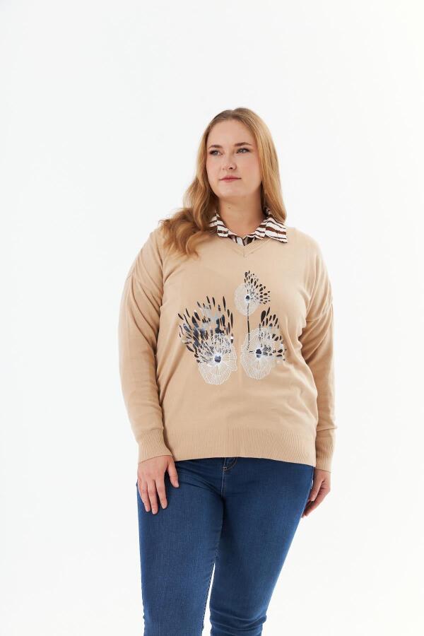 Büyük Beden Kaşmir Karışımlı V Yaka Baskılı Triko Kazak Vizon - 1