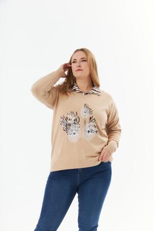 Büyük Beden Kaşmir Karışımlı V Yaka Baskılı Triko Kazak Vizon - RMG (1)