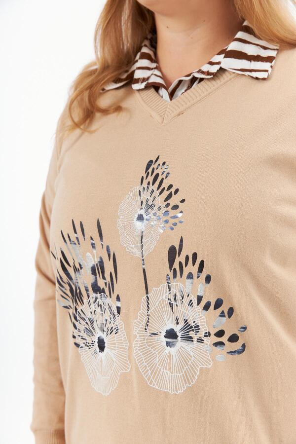 Büyük Beden Kaşmir Karışımlı V Yaka Baskılı Triko Kazak Vizon - 5