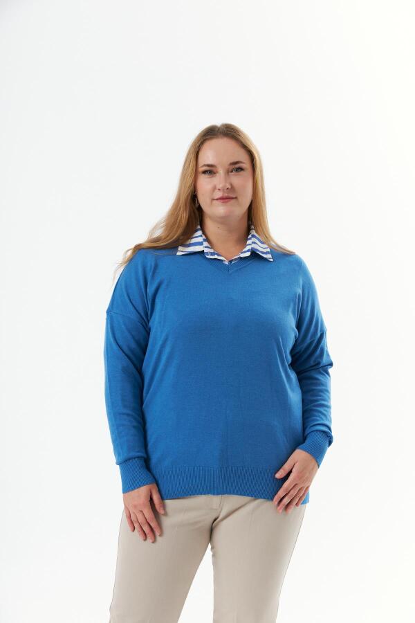 Büyük Beden Kaşmir Karışımlı V Yaka Triko Kazak İndigo - 2