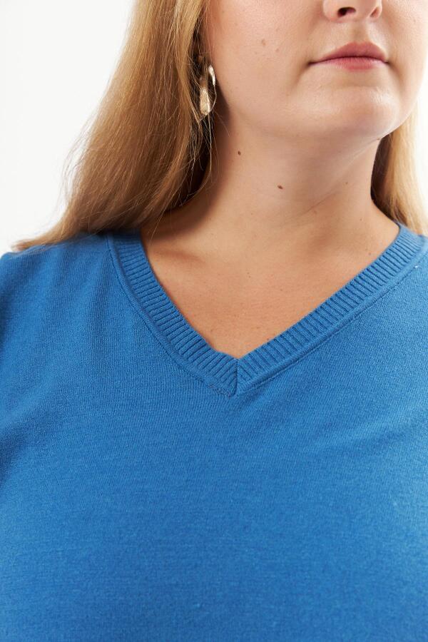 Büyük Beden Kaşmir Karışımlı V Yaka Triko Kazak İndigo - 6