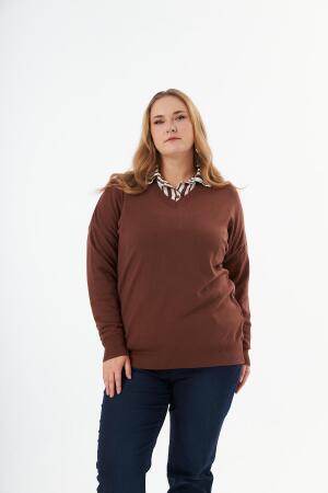 Büyük Beden Kaşmir Karışımlı V Yaka Triko Kazak Kahverengi - 3