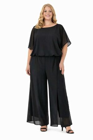 Büyük Beden Kayık Yaka Dökümlü Şifon Bluz ve Pantolon Abiye Takım ND4024 - Angelino Butik
