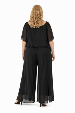Büyük Beden Kayık Yaka Dökümlü Şifon Bluz ve Pantolon Abiye Takım ND4024 - 3