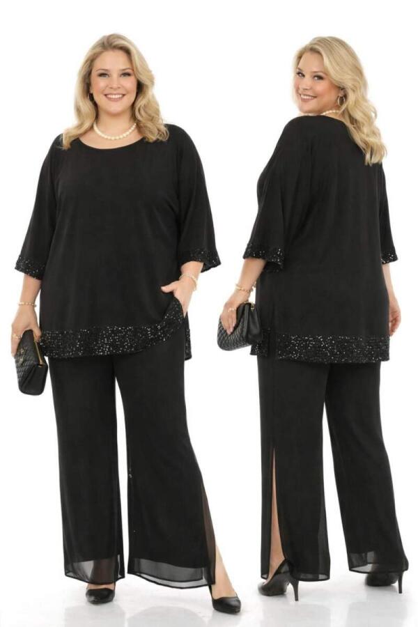 Büyük Beden Kayık Yaka Dökümlü Şifon Bluz ve Pantolon Abiye Takım ND4024 - 1