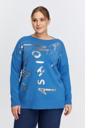 Büyük Beden Kayık Yaka Kaşmir Karışımlı Baskılı Triko İndigo - RMG