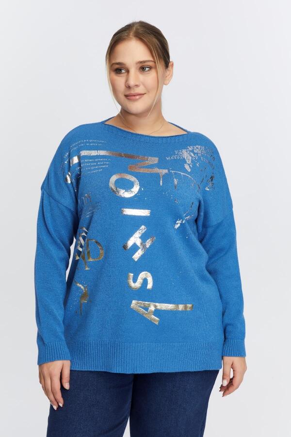 Büyük Beden Kayık Yaka Kaşmir Karışımlı Baskılı Triko İndigo - 1