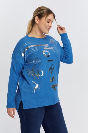 Büyük Beden Kayık Yaka Kaşmir Karışımlı Baskılı Triko İndigo - 3