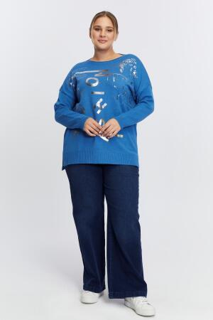 Büyük Beden Kayık Yaka Kaşmir Karışımlı Baskılı Triko İndigo - 4