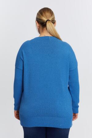 Büyük Beden Kayık Yaka Kaşmir Karışımlı Baskılı Triko İndigo - 5