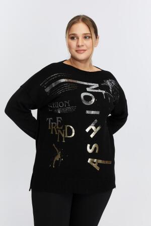 Büyük Beden Kayık Yaka Kaşmir Karışımlı Baskılı Triko Siyah - RMG