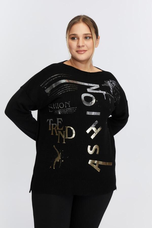 Büyük Beden Kayık Yaka Kaşmir Karışımlı Baskılı Triko Siyah - 1