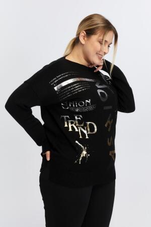 Büyük Beden Kayık Yaka Kaşmir Karışımlı Baskılı Triko Siyah - 3