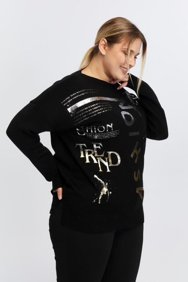 Büyük Beden Kayık Yaka Kaşmir Karışımlı Baskılı Triko Siyah - 3