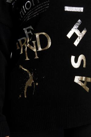 Büyük Beden Kayık Yaka Kaşmir Karışımlı Baskılı Triko Siyah - 4