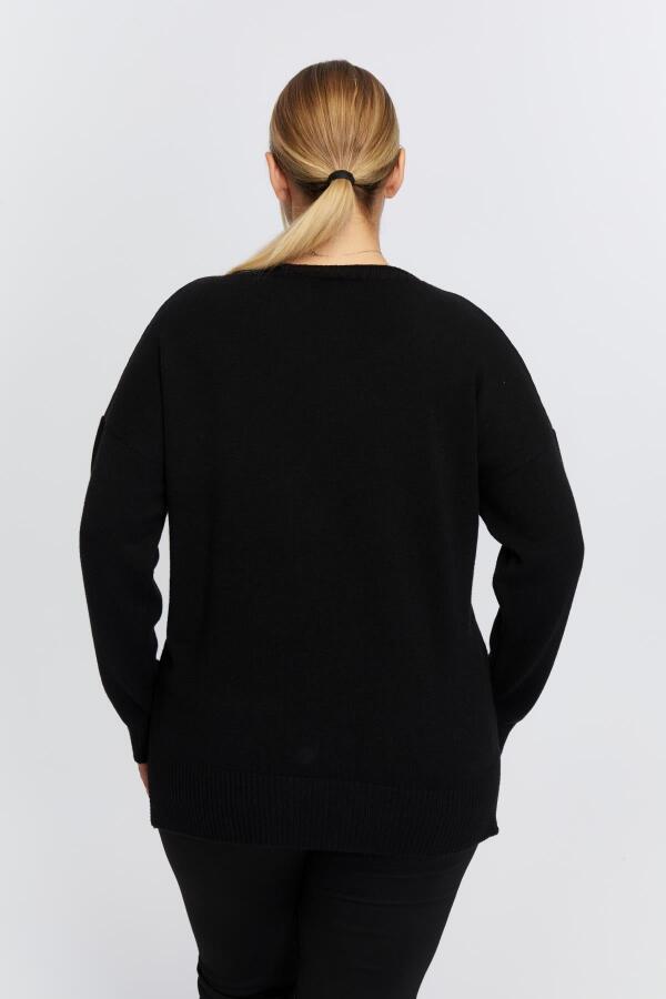 Büyük Beden Kayık Yaka Kaşmir Karışımlı Baskılı Triko Siyah - 6