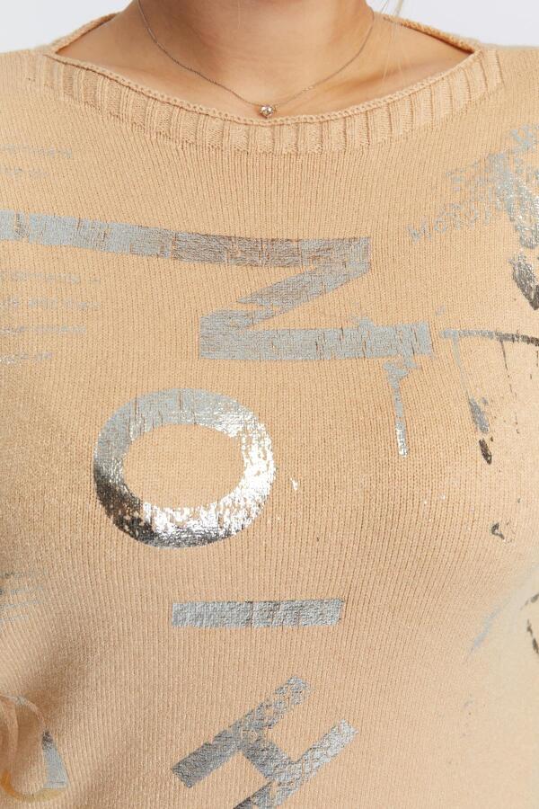 Büyük Beden Kayık Yaka Kaşmir Karışımlı Baskılı Triko Vizon - 2