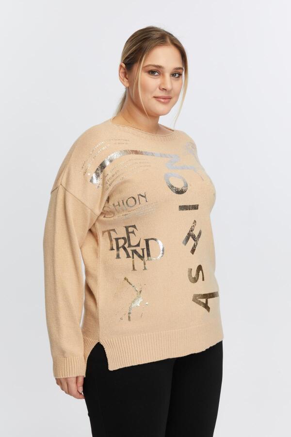 Büyük Beden Kayık Yaka Kaşmir Karışımlı Baskılı Triko Vizon - 3