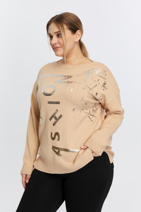 Büyük Beden Kayık Yaka Kaşmir Karışımlı Baskılı Triko Vizon - 4