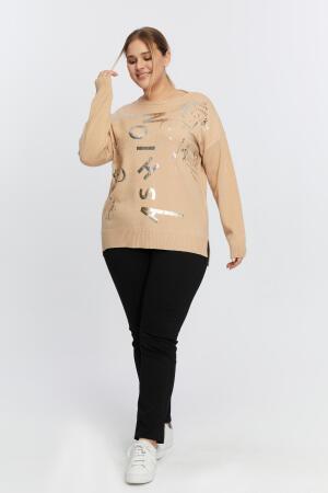 Büyük Beden Kayık Yaka Kaşmir Karışımlı Baskılı Triko Vizon - 5